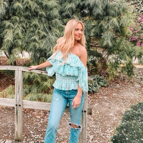 Blue Floral Print Off the Shoulders Boho Draped Sleeve Blouse Top Size Small S - Picture 3 of 9